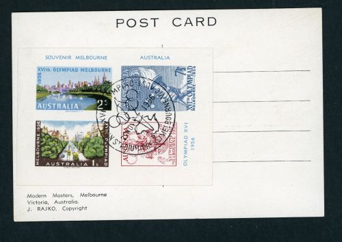 Australien Olympia Souvenirblock 1956 Michel Nummer 266 - 269 auf Postkarte
