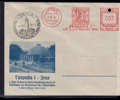 Deutsches Reich SST Jena Thüposta 1936 - Zeiss Planetarium + Absenderfreistempel