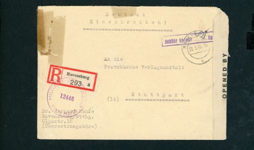 All. Besetzung Einschreiben Ravensburg - Gebühr bezahlt 30.01.46, Zensur