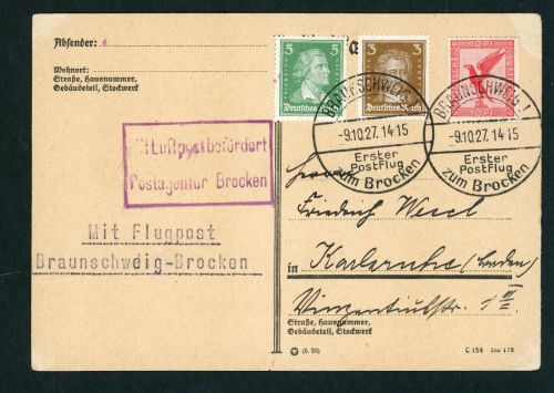 Deutsches Reich Flugpost , Braunschweig Erster Postflug zum Brocken 9.10.1927