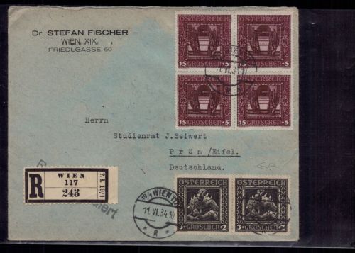 Österreich Einschreiben Wien nach Prüm Eifel 1934