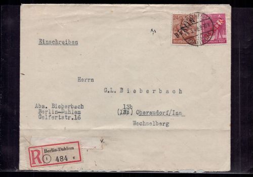 Berlin Schwarz- und Rotaufrduck Einschreiben nach Oberaudorf am Inn 1949