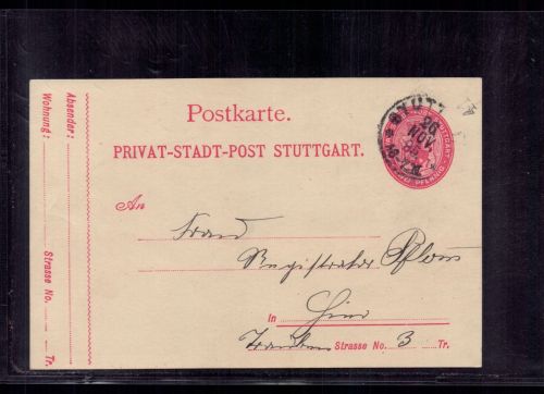 Privat Stadtpost Stuttgart / Ganzsache - 1895 gelaufen