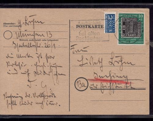 Bund Brief mit Michel Nummer 113 - 100 Jahre Briefmarken München 1949
