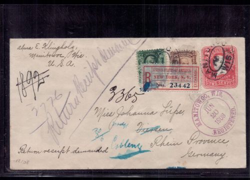 Einschreiben USA Ganzsache + Zusatzfrankatur New York nach Koblenz 1908