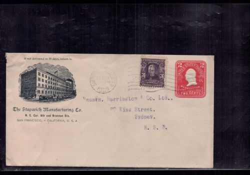 USA Ganzsache + ZuFr San Francisco Stuparich Manufacturing nach Sydney 1903
