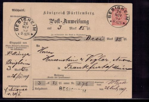 Württemberg Postanweisung - Besigheim nach Frankfurt am Main 1899