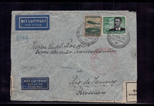 Graf Zeppelin Brief - SA Südamerikafahrt 1938 Frankfurt Main n. Rio + Zensur