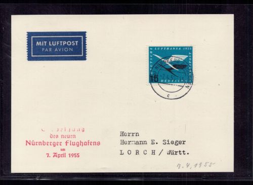 Bund Brief Lufthansa Einweihung des Flughafens Nürnberg n. Lorch 1955
