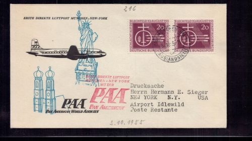 Bund Luftpost Brief Erstflug München New York : American World Airways PAA 1955