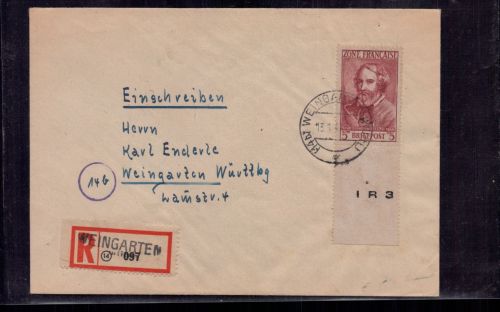 Alliierte Besetzung Franz. Zone Einschreiben EF mit Leerfeld Weingarten 1947