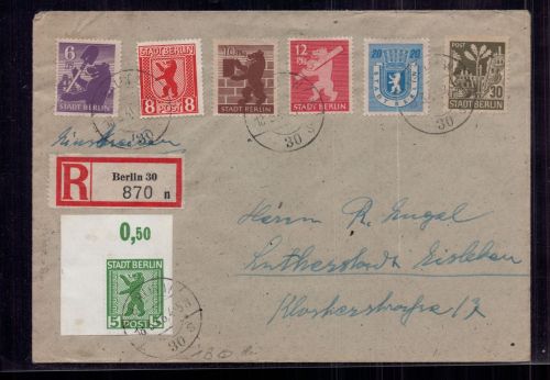 Berlin Einschreiben Mischfrankatur mit MiNr 1 B mit Eckrand links oben 1945