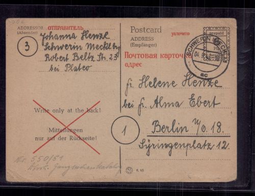 Postkarte All. Besetzung Not / Befehlsausgabe OPD Schwerin nach Berlin 1945