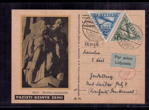 Lettland Freiheitsdenkmal - per Luftpost Riga nach Heidelberg 1936