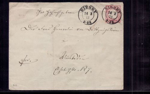 Deutsches Reich Ganzsache U 1 B Brustschild - Niesky nach Wiesbaden 1872