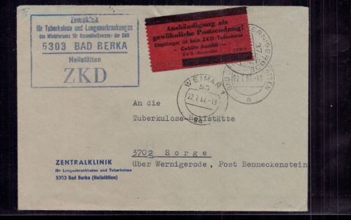 DDR ZKD Kurierdienst Sendung / Klinik Heilstätte Bad Berka nach Sorge 1967