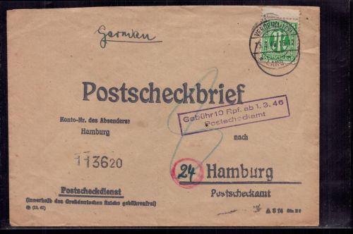 Bizone Brief All. Besetzung AM-Post Postscheckbrief Verden nach Hamburg 1946
