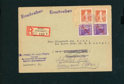 Berlin Mischfrankatur Einschreiben Berlin Zehlendorf n. Offenbach / Schuld 1949