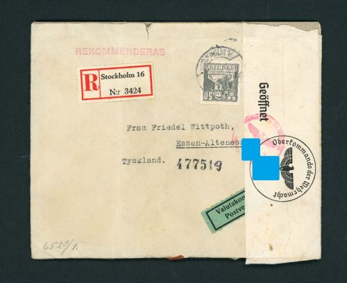 Schweden Einzelfrankatur Einschreiben Stockholm , Zensur Siegelbrief 1941