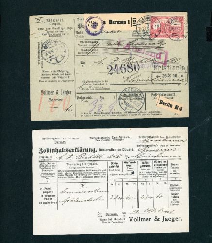 Dt. Reich Paketkarte + Zollerklärung Barmen nach Kristiania / Oslo 1916