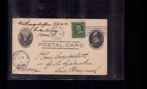 USA Ganzsache + Zusatzfrankatur New York n. Saarbrücken + nicht angetroffen 1902