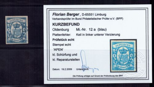 Oldenburg Michel Nummer 12a gestempelt mit Plattenfehler , Befund kleine Mängel
