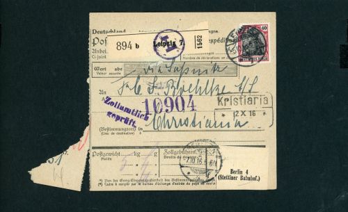 Dt. Reich Auslands Paketkarte Leipzig nach Christiania Oslo 1916