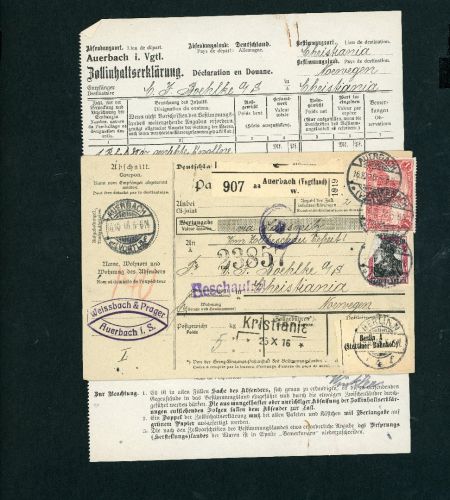 Dt. Reich Auslands Paketkarte Auerbach n. Christiania Oslo 1916 m. I.Erklärung