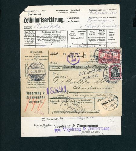 Dt. Reich Auslands Paketkarte Barmen n. Christiania Oslo 1915 m. I.Erklärung