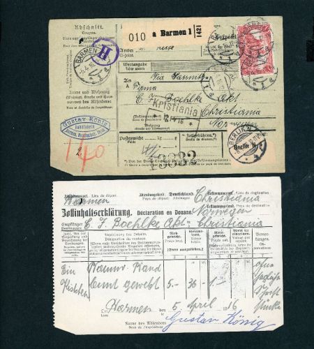 Dt. Reich Auslands Paketkarte Barmen n. Christiania Oslo 1916 m. I.Erklärung