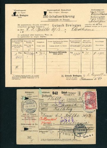 Dt. Reich Auslands Paketkarte Gutach n. Christiania Oslo 1915 m. I.Erklärung