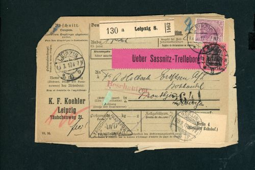 Dt. Reich Auslands Paketkarte Leipzig n. Trondheim 1917 m. I.Erklärung