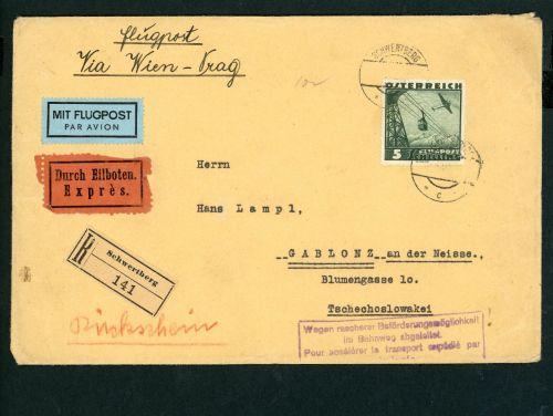 Österreich Flugpost EF mit Mi.Nr. 611, Schwertberg, Wien , Galbonz 1938