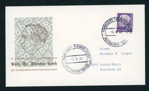 Bund Erinnerungsumschlag mit Mi.Nr. 263z , spiegelverkehrtes Wasserzeichen