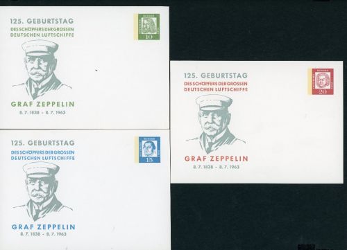 Bund 3 Ganzsachen 1963 , 125. Geburtstag Graf Zeppelin ungebraucht