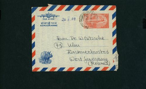 Indien Ganzsache Aoerogramme 1969 nach Ulm
