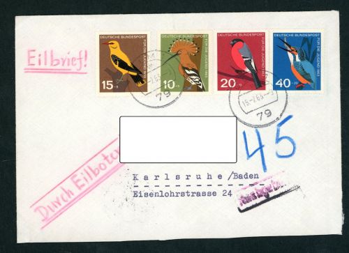 Mischfrankatur Eilbrief Satzfrankatur , Nachgebühr Ulm - Karlsruhe 1963