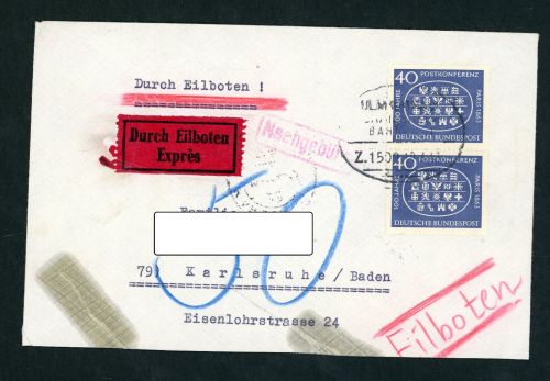 Mehrfachfrankatur Michel Nr. 398 , Eilboten , Nachgebühr , Ulm - Karlsruhe 1963