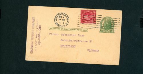 Ganzsache USA + Zusatzfrankatur Los Angeles1920 nach Stuttgart