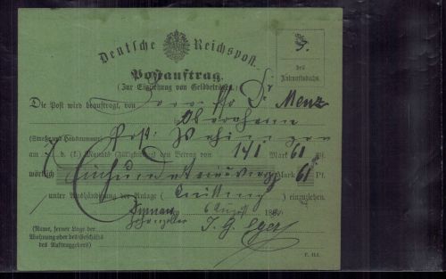 Dt. Reich Beleg - Postauftrags Fornular grün - Einziehung von Geldbeträgen 1890