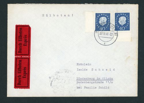 Bund Michel Nummer 305 Heus Mehrfachfrankatur 2x Bogenrand Marke 1961