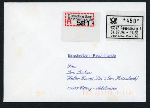 Bund ABAS , Brief Annahme Automat Nagler, Einschreiben Regensburg 1996