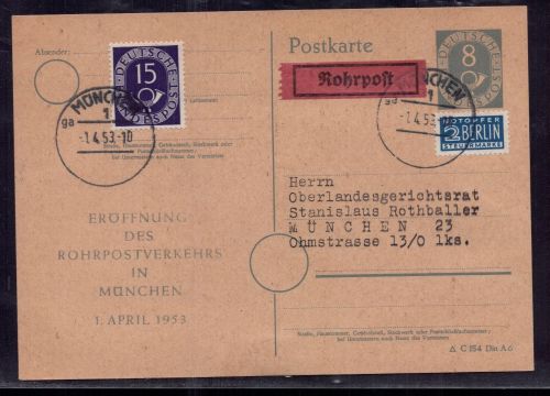 Posthorn Ganzsache , Eröffnung Rohrpostverkehr München 1953
