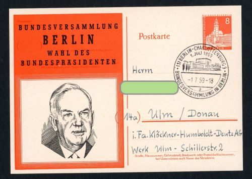 Berlin Ganzsache Wahl des Bundespräsidenten , Bundesversammlung 1959