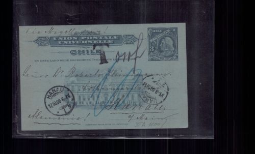 Ganzsache Chile Via Magellanes 1908 + Nachgebühr nach Hanau