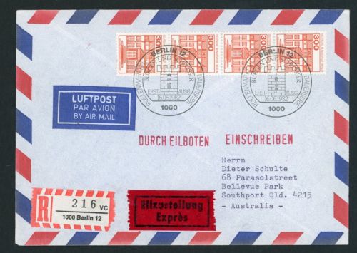 Berlin Ersttagsbrief Michel Nummer 677 Burgen und Schlösser Mehrfachfrankatur