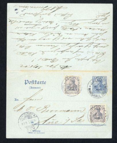 Marshall Inseln / Dt. Reich Gansache F/A - Rückantwort Jaluit 16.08.1902 geprüft