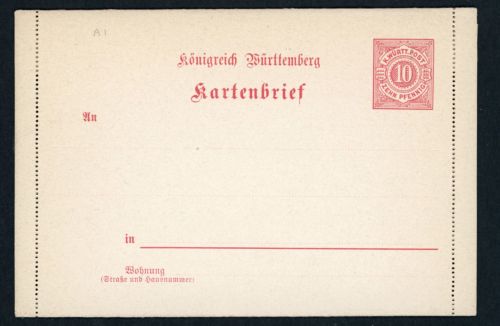 Württemberg Kartenbrief Ganzsache K1 ungebraucht