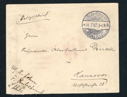 Dt. Kolonien Südwestafrika Feldpostbrief Lüderitzbucht n. Hannover 1907