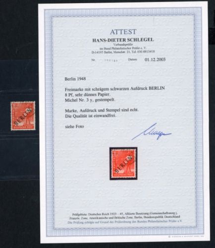 Berlin Michel Nummer 3y - sehr dünnes Papier - gestempelt Attest